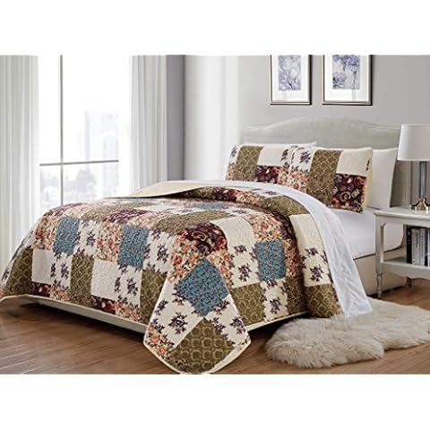 Mk 3pc King/California King Home Bedspread Quilted Print Floral Beige Burgundy Purple Blue Taupe Over Size New # Milano 62 Cover