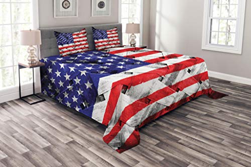 Ambesonne USA Bedspread, Fourth of July Independence Day Thatch Rattan Rippled Weave Bamboo Graphic Art, Decorative Quilted 3 Piece Coverlet Set with 2 Pillow Shams, King Size, White Navy Blue