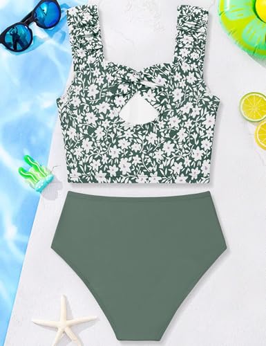 Image of Girls Tankini Swimsuit 2 Piece Bathing Suit Twist Cross Back Cutout Swim Tank Top Floral Print Swimwear for 7-18Y