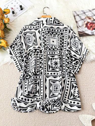 Image of Gufrina Women's Polyester Shirt with Pocket Half Raglan Sleeves Spread Collar Neck Geometric Printed Relaxed Fit and Standard Length