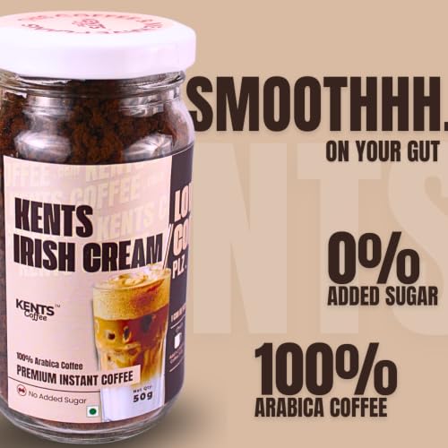 Image of Kents Coffee Irish Cream Instant Coffee 50g Jar | LOW ACIDIC COFFEE | Tiramisu Strong & Flavoured | 100% Arabica Coffee | No Chicory, No Malt | Hot & Cold | Tiramisu Flavour | 100% Pure Chikmangalur Powder | NO SUAGR