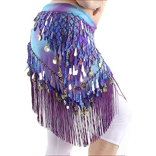 Lauthen.s Belly Dance Hip Scarf With Tassels Sequins, Triangle Coins Wrap Skirt Music Festival Clothing Purle #TOP5