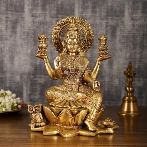 Image of Brass Laxmi Idol for Home and Decor| Brass Laxmi Statue for Good Luck Diwali, Housewarming, Wedding, Navratri Gift | Weight 6.25 Kg Height 11 inch |