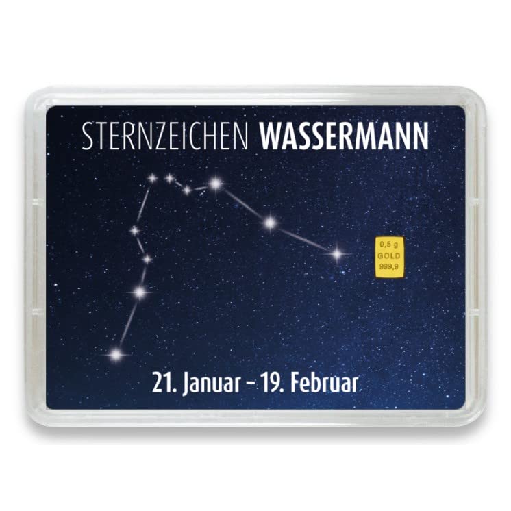 Goldstücke24 - Goldbarren mit Sternzeichen in Motivbox - Tolle Geschenkidee - Echtheitsgarantie (Wassermann: 21. Januar - 19. Februar, 0,5g Gold)