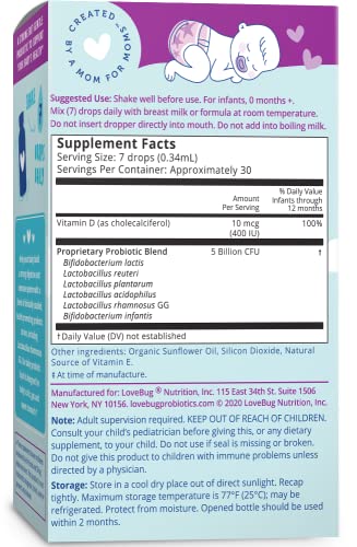 Lovebug Award Winning Usda Organic Probiotic For Infants & Babies | Helps With Colic, Reflux, Diarrhea, Constipation & Gas | Multi-Strain 5 Billion Cfu | Liquid Drops | Ages 0-24 Months #TOP5