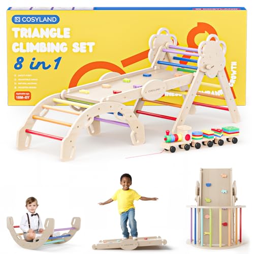 COSYLAND Arrampicata per Bambini 8 in 1 - Triangolo di pikler Regolabile a 3 Livelli con Scivolo, Gioco Treno e...