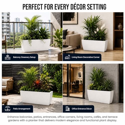 Image of Go Hooked Rectangular Leios Planter Pot 24x11 Inch | Marble Ribbed Design Plastic Flower Pot for Indoor Outdoor Garden Balcony Terrace Living Room | Decorative Long Plant Container with Drainage Hole
