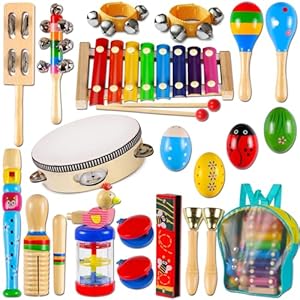 LOOIKOOS Toddler Musical Instruments,Wooden Percussion Instruments Toy for Kids Preschool Educational Musical Toys Set for Boys and Girls with Storage Bag