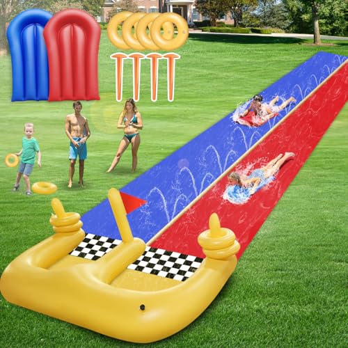 giicuzix 30FT Lawn Water Slide and 2 Inflatable Boards 4 Ring Toss, Extra Long Double Lawn Splash Mat Pad with Sprinkler for Kids Adults Backyard Summer Water Toy Outdoor Fun Carnival Game
