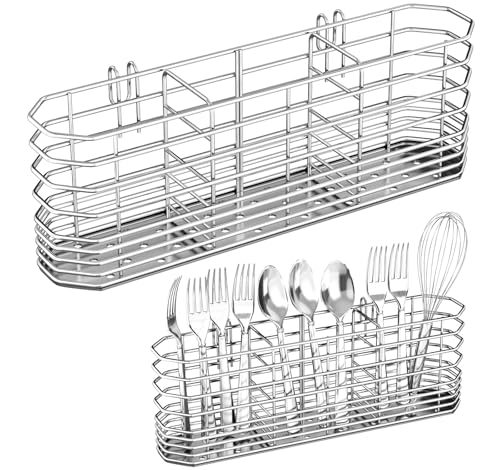 304 Stainless Steel Utensil Holder, Silverware Drying Rack with Hooks for Dish Drainer, Knife and Fork Drainer Basket with 3 Divided Compartments, Kitchen Drainage Basket Accessories, Rust Proof