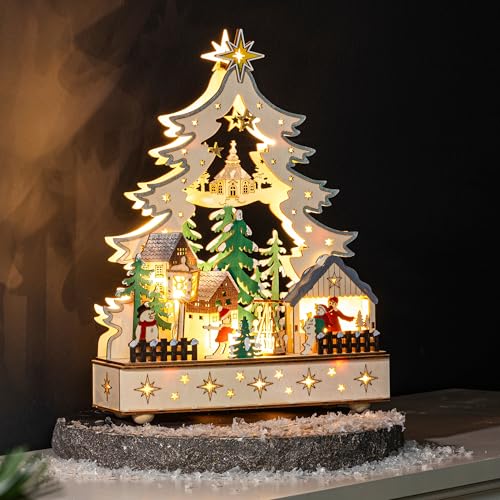 Schwibbogen mit Eisenbahn 26 Schauer LED Schwibbogen aus Holz – 3D Weihnachtsstadt mit 12...