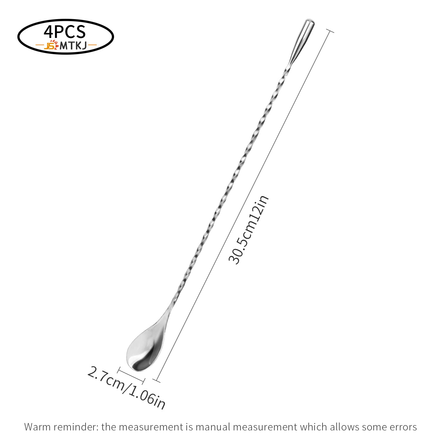 4 Piezas Cuchara Mezcladora, Cuchara de Cóctel Acero Inoxidable Agitador de Barra en Espiral para Cócteles, Batidos, Café, Jugo, Té