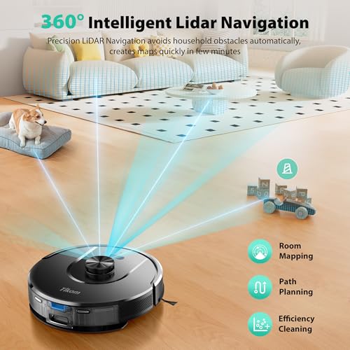 Tikom Robot Vacuum and Mop, 6000Pa Robotic Vacuum Cleaner with Self-Emptying Base, 90 Days Capacity, LiDAR Navigation, Home Mapping, Ideal for Pet Hair, Hard Floors, Carpet (L8000 Plus) - Image 5