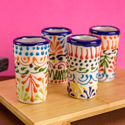 Image of Talavera Shot Glasses Set of 4 Authentic Mexican Tequila Shot Glasses - Hand-painted - 2 Oz (Colors Lace)
