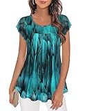 Plus Size Blouse for Women,Furnex Womens Short Sleeve Tunics Dressy Blouses Ladies Tops and Blouses Business Casual Top Pleated Front Layersed Shirt for Women Tunic Tops for Leggings Peacock Blue XXXL