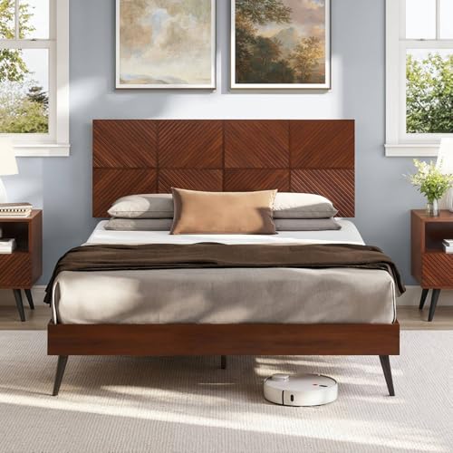 Image of Bme Rhombus Queen Bed Frame - Solid Rubber Wood with Geometric Rhombus Headboard, Walnut Finish, Scandinavian Modern Platform Bed with Sturdy Slats & Metal Legs, No Box Spring Needed