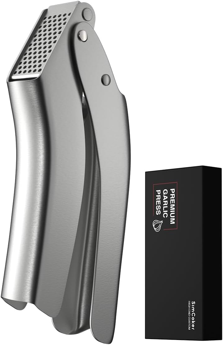 No-Peel Garlic Press – Heavy Duty Stainless Steel Garlic Crusher, Rust-Proof & Ergonomic Handle, 270° Flip for Easy Cleaning, Dishwasher Safe, 5-Year Warranty