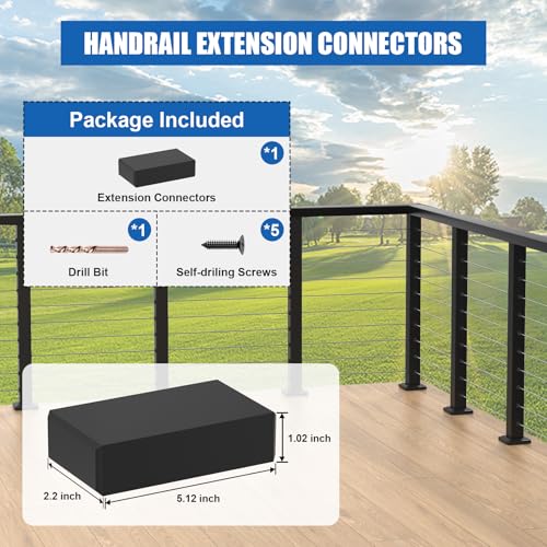 Image of Extension Connectors for Stainless Steel Flat Top Handrail, 1 Pack Black Hand Rail Accessories with Screws, High Strength POM Handrail Fitting for Deck Stair Cable Railing, MY02-E