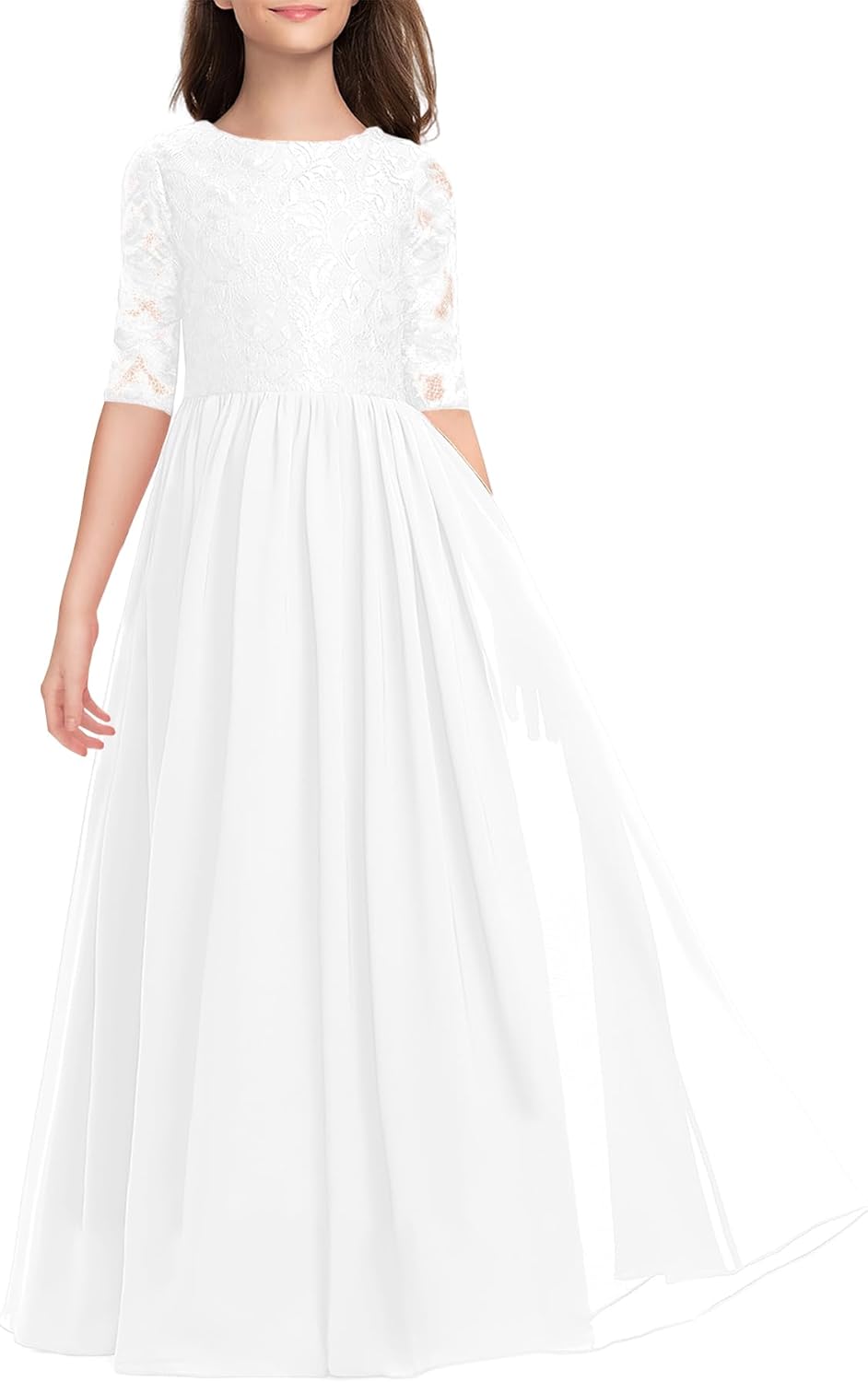 HOSIKA Flower Girls Dress Elegant Vintage Lace Chiffon A-Line Formal Birthday Wedding Party Floor Length Dress 6-13 Years