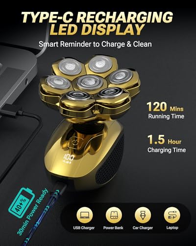 Image of Head Shaver for Bald Men, 7D Floating Electric Razor, Close Smooth Shave for Head, Flexible Heads, Replaceable Blade, IPX7 Waterproof Wet Dry Use, LED Display, USB Charging Gold