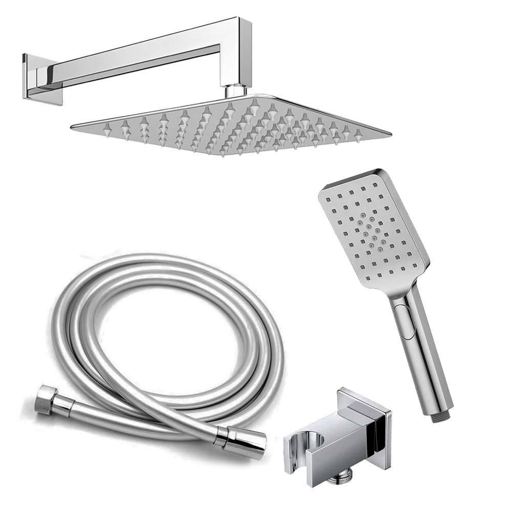 Grifo termostático ducha para empotrar ABE salida pared. Incluye soporte con toma agua, flexo PVC plateado, brazo ducha y rociador extraplano. Ducha empotrable con acabado cuadrado en cromo brillo