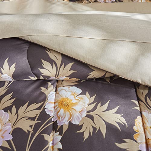 Uozzi Bedding Floral Comforter Sheet Set 7 Pieces Bed In A Bag Dark Grey Golden Flower King Size (1 Comforter 2 Pillow Shams 1 Flat Sheet 1 Fitted Sheet 2 Pillowcases) #TOP7