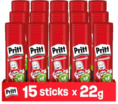 Pritt Colla Stick 15 x 22g, colla per bambini sicura e affidabile, colla Pritt per lavoretti e fai da te, con una tenuta forte per uso scuola e ufficio, 15 stick x 22g