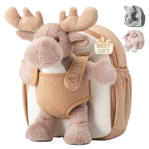 Moonkie Hug & Go Mochila Infantil, Bolso Bebe Reno con Juguete Desmontable, para Niño y Niña 1 2 3 Años, Mochila Bebe Guarderia de Peluche Suaves, con Correas Ajustables, Regalos Niños para Viajes