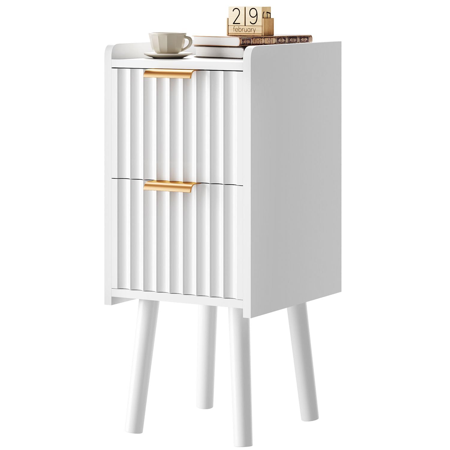 IBUYKE Mesita de Noche Estrecha, mesita pequeña con 2 cajones, Ahorra Espacio, mesitas de Madera para Dormitorio y Sala de Estar, Blanco WNS015W