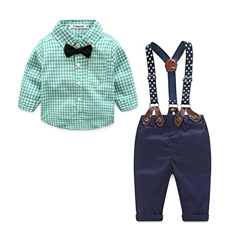 Kimocat Toddler Boy Clothing Sets Plaid Shirt Bowtie and Suspender Strap Pants Outfits (Green, 0-6month(70#))