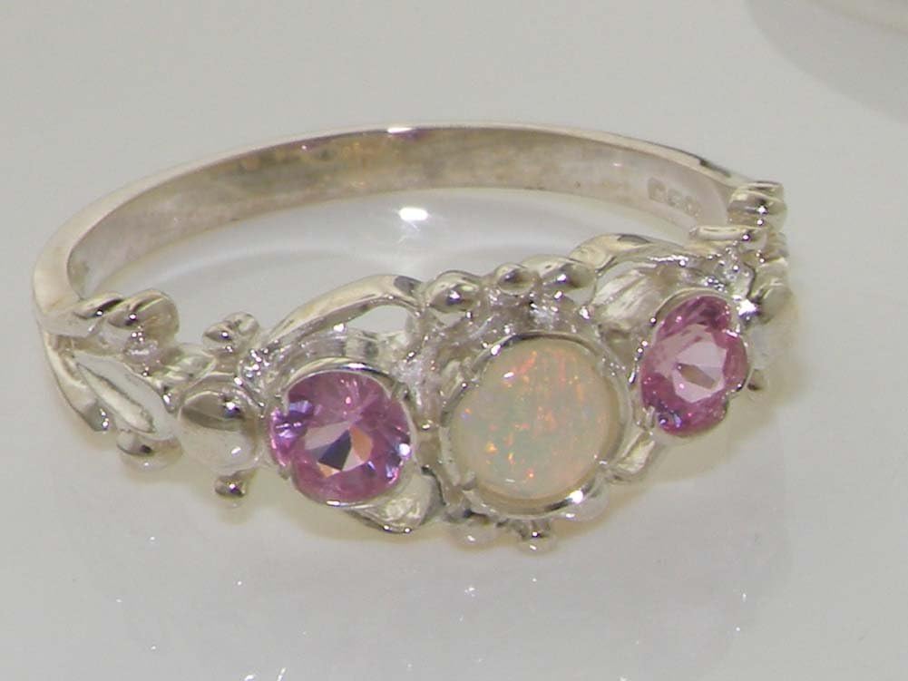 925 Sterling Silver Real Genuine Opal and Pink Tourmaline Womens Band Ring