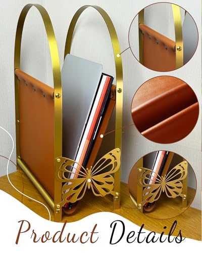 Aocii Magazine Holder, Artificial Leather Magazine Rack Floor with Golden Butterfly Hardware & Antique Brass Buckles, Bathroom Magazine Rack, Magazine Organizer for Floor Standing Home Decor - Image 3