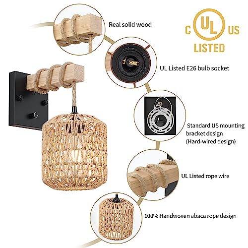 Image of Rattan Boho Wall Sconces Set of Two, Hardwired Hand-Woven Farmhouse Wall Lamps with Wooden Arm & On /Off Dimmable Switch,Large Rustic Indoor Wall Mount Light Fixtures for Bedroom Nursery Bathroom