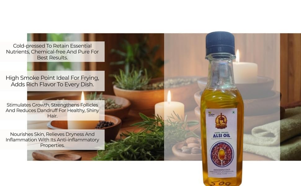 Image of SARV MATRIKAA Wood Pressed Alsi Oil 250ml | Cold Pressed Flaxseed Oil | 100% Pure & Natural | Edible Grade | No Preservatives | Omega 3 Rich | For Cooking, Skin & Hair Care