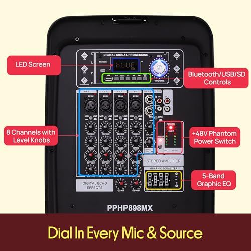 Pyle Karaoke PA Speaker Mixer System - 600 WATT 8-Channel Portable Bluetooth Wireless PA Speaker Powered Amplifier Kit with 8" Subwoofer MP3, AUX - USB XLR 1/4" RCA - Pyle PPHP898MX by Pyle - Image 4
