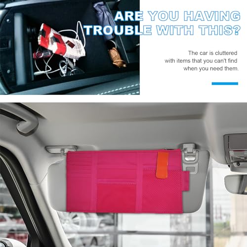 Image of Car Sun Visor Organizer, Auto Interior Visor Storage Pouch Holder with Zipper, Multi-Pocket Net Personal Belonging Organizer, Universal Car Accessory for Cards, Documents (Rose Red)