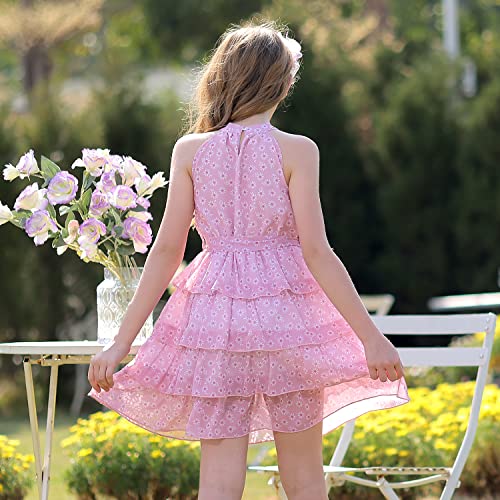 Girls Floral Ruffle Dress Halter Neck Kids Summer Chiffon Dress with Belt4