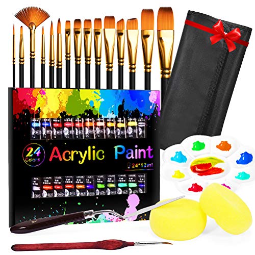 Pintura Acrílica, Buluri 24 Tubos de acrilico pintura Pintura Acrilico, con 15 pc Pinceles de Pintura de Nilón to Niños, para Lienzo, Papel, Madera, Tela -12ml