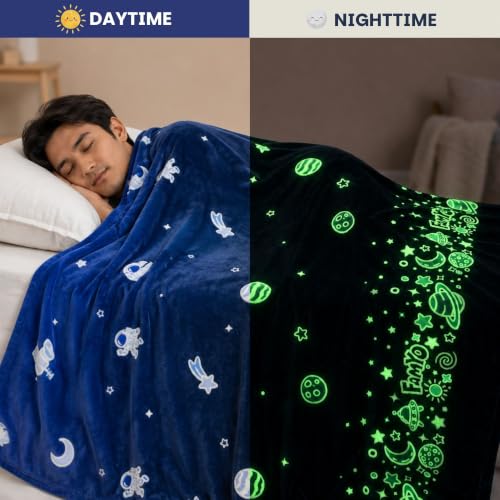 Image of Famyo GlowMaxx AC Blanket for Adults, Glow in the Dark Soft Flannel Blanket | 200x152 cm Double Bed Size | Lightweight Summer Blanket for AC Rooms, Lab-Tested & Skin-Friendly (Dark Blue)
