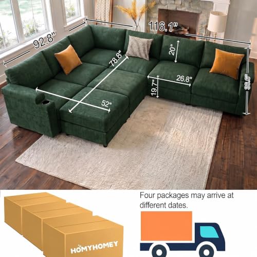 Image of Oversized Sectional Couches for Living Room Cloud Couch Chenille Sofa | Chaise Detachable Armrest Cushion FSC Certified U Shaped Convertible Modular Sleeper Sofa (Chenille Green, L Shape 8 Seat)