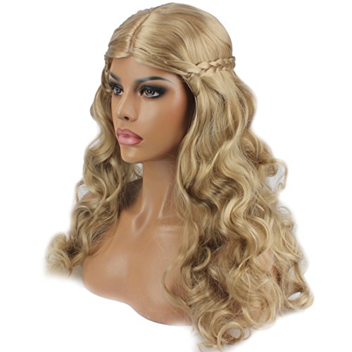 Riyang Women's Cosplay Wig Long Hair with Braids Heat Resistant Long Curly Ash Blonde
