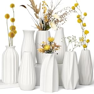 HengLiSam Keramik Vase Deko Satz von 8, Weiße Matte Vasen für Moderne Home Decor, Kleine Blumenvasen für Pampasgras, Trockenblumen, Boho Skandinavische Dekorationsvasen für Wohnzimmer, Hochzeitstisch