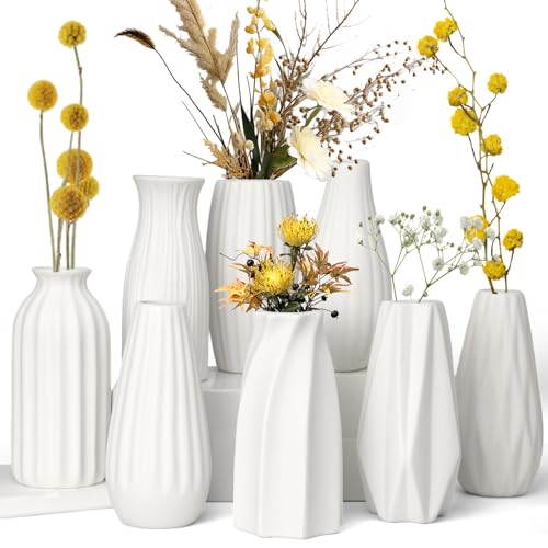 HengLiSam Keramik Vase Deko Satz von 8, Weiße Matte Vasen für Moderne Home Decor, Kleine Blumenvasen für Pampasgras, Trockenblumen, Boho Skandinavische Dekorationsvasen für Wohnzimmer, Hochzeitstisch HengLiSam Keramik Vase Deko Satz von 8, Weiße Matte Vasen für Moderne Home Decor, Kleine Blumenvasen für Pampasgras, Trockenblumen, Boho Skandinavische Dekorationsvasen für Wohnzimmer, Hochzeitstisch