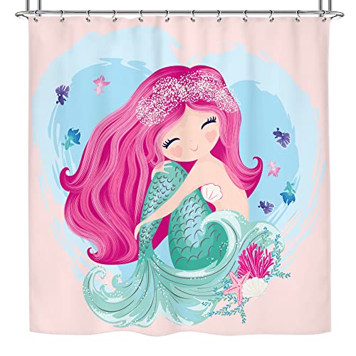 Riyidecor Mermaid Scales Shower Curtain Tail Fish Girls Kids Cartoon Ocean Blue Heart Colorful Purple Hair Seaweed Bath Decor Fabric Set Polyester Waterproof 72X72 Inch 12 Pack Plastic Hooks Ry-Ib6S #TOP5