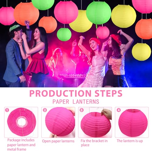 Image of 15-Pack Glow in the Dark Party Supplies, Neon Party Decorations | UV-Reactive Colorful Hanging Paper Lanterns for Birthday, Wedding, Baby Shower, Classroom Decor, Bars & Blacklight Events