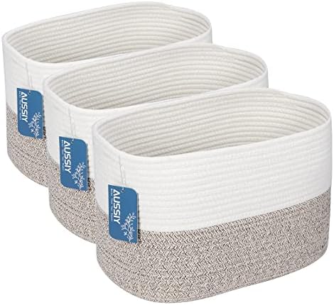 AUSSIY 3 Pack Rope Baskets for Storage Basket, Cotton Rope Woven Basket with Handles. Blanket Basket for Storing Clothes, Toys, Books, Shelves etc, 15''L x 10''W x 9.5''H,Brown/White