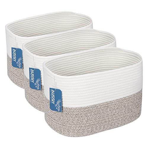 Aussiy 3 Pack Rope Baskets For Storage Basket, Cotton Rope Woven Basket With Handles. Blanket Basket For Storing Clothes, Toys, Books, Shelves Etc, 15''L X 10''W X 9.5''H,Brown/White #TOP6