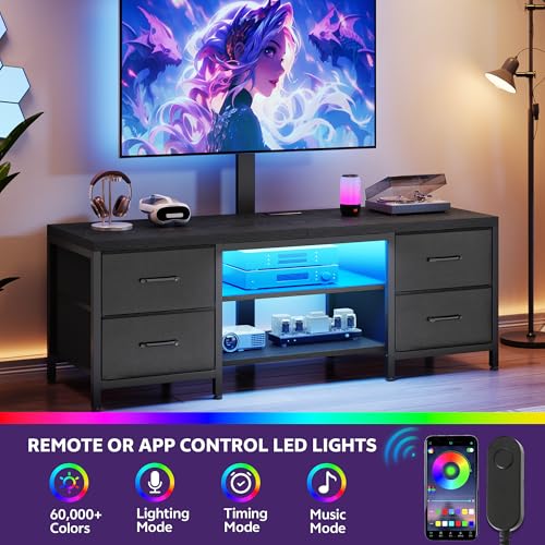 Homiflex LED TV Stand with Mount, 59\'\' Fabric Drawers TV Stand w/Power Outlet, Entertainment Center TV Mount for 26\'\'-63\'\' TVs, Industrial Style Media Console for Living Room, Open Shelf, Black - Thumbnail 3