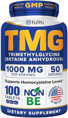 Tuthi TMG Supplement – 1000mg Trimethylglycine – Betaine Amino Acid for Cardiovascular Support and Healthy Homocysteine Levels – 100 Vegan Tablets – Gluten-Free, Non-GMO – Made in USA