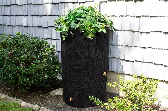 Impressions Bark 90-Gallon Rain Barrel, Wood Grain Design, Decorative Water Collection Tank (Black)